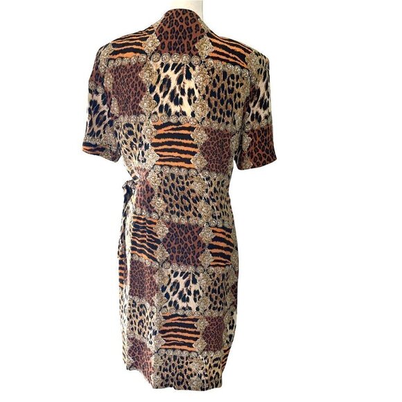Robbie Bee Silk Dress Womens Size 10 Vintage Animal Print Faux Wrap Side Tie - Picture 2 of 15